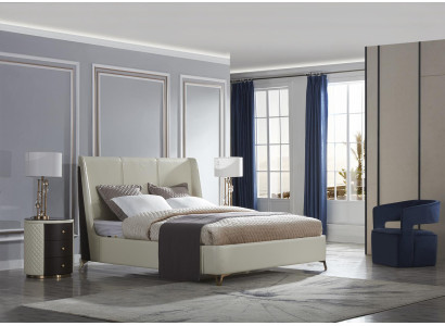 Diseño conjunto de dormitorio de 3 piezas. Cama de cuero + 2 mesitas de noche. Camas de lujo modernas.