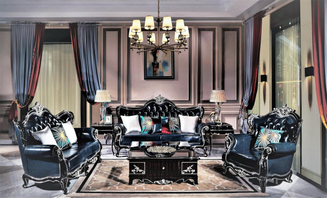 Sofá Chesterfield clásico conjunto 3+2+1 en ultra negro.