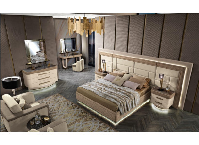 Diseño de lujo para dormitorio: cama, 2 mesitas de noche, cómoda, juego de habitación de 8 piezas.