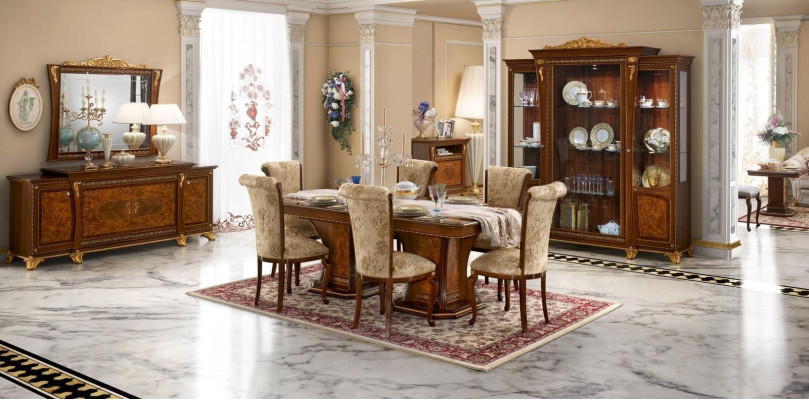 Conjunto de comedor: vitrina, mesa, 6 sillas, cómoda, espejo, barroco, nuevo, 10 piezas.