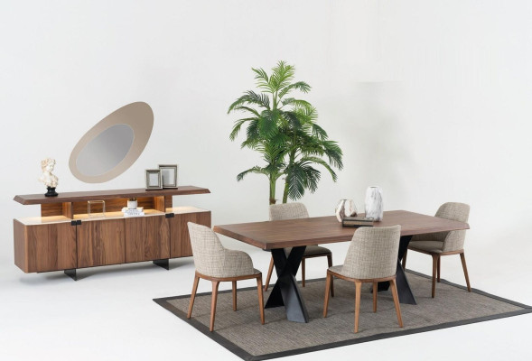 Diseño de muebles de comedor de madera, moderno conjunto de mesa y 4 sillas.