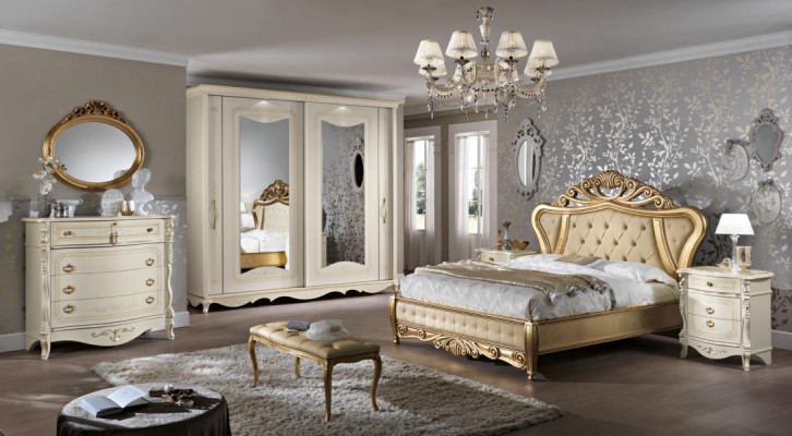 Cama doble, muebles de dormitorio, armario, mesita de noche con cajones, cómoda 5 piezas.