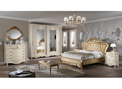 Cama doble, muebles de dormitorio, armario, mesita de noche con cajones, cómoda 5 piezas.