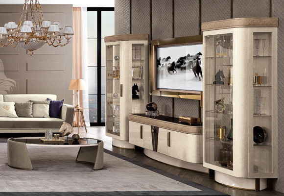 Conjunto de muebles para salón de 4 piezas. Vitrina de sala de estar, estantería, moderno conjunto de muebles de madera para TV.