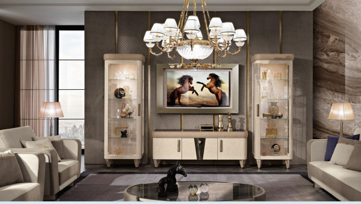 Conjunto de muebles para salón de 4 piezas. Vitrina de sala de estar, estantería, moderno conjunto de muebles de madera para TV.