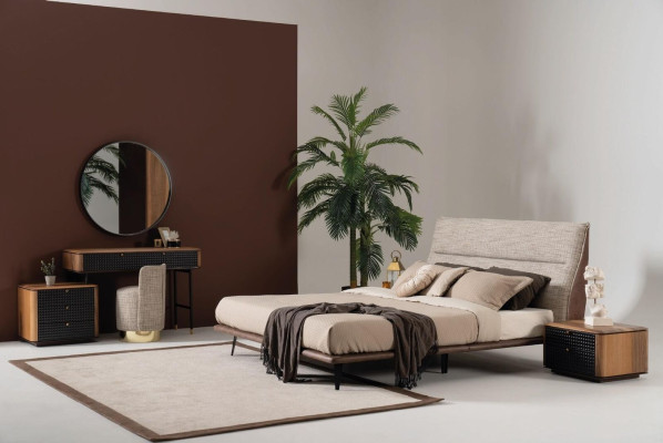 Cama de dormitorio italiana, 2x mesitas de noche, estilo de lujo moderno
