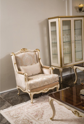 Sillón barroco dorado beige Sillón individual de estilo clásico Muebles de terciopelo y madera