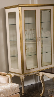 Vitrina Mueble de madera Armario Vitrinas Barroco Rococó Dorado Blanco Armario de cristal