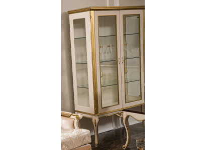 Vitrina Mueble de madera Armario Vitrinas Barroco Rococó Dorado Blanco Armario de cristal