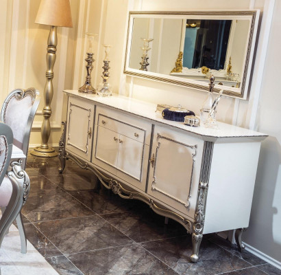Bufé Blanco Plata Cómoda Consola Cómoda Estilo italiano 2 piezas Espejo