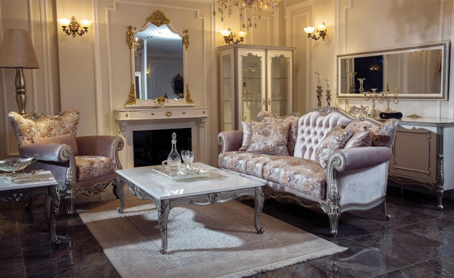 Sillón acolchado lila con estampado de flores Sofá Couch Sala de estar Barroco