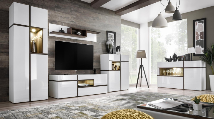 Juego de 5 piezas de muebles de sala de estar de madera modernos con soporte de TV, armario y paredes de sala de estar. Nuevo.