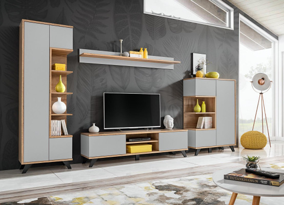Juego de sala: estantería, soporte de TV, estante de pared, paredes de sala, conjunto de muebles de madera de 4 piezas.