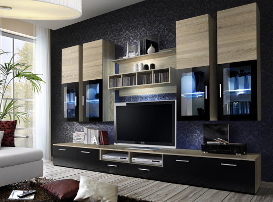 Sala de estar completa con diseño de soporte para TV, armario de pared, mueble de lujo, decoración de pared de sala, nuevo.