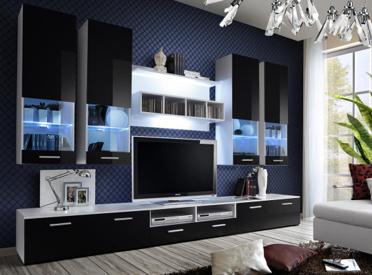 Mueble para sala de estar negro de diseñador de lujo con estante de TV de madera.