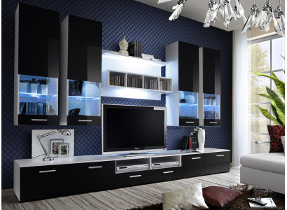 Mueble para sala de estar negro de diseñador de lujo con estante de TV de madera.