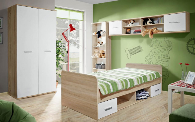 Habitación infantil completa con cama, armario, estantería de libros y estante de pared, juego de 5 piezas.