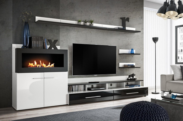 Mueble de salón con soporte para la TV, cómoda con chimenea integrada, muebles de diseñador modernos.