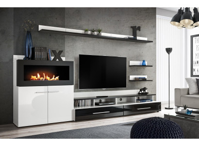 Mueble de salón con soporte para la TV, cómoda con chimenea integrada, muebles de diseñador modernos.