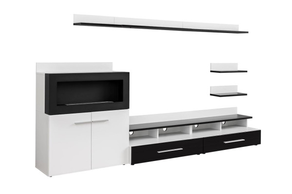 Mueble de salón con soporte para la TV, cómoda con chimenea integrada, muebles de diseñador modernos.