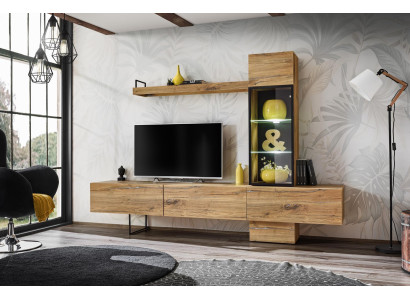 Conjunto de sala de estar de diseñador con tablero bajo, estante de pared, soporte de TV. Muebles nuevos.