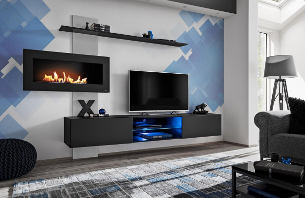 Mueble de salón negro con chimenea, diseño moderno, mueble de TV.