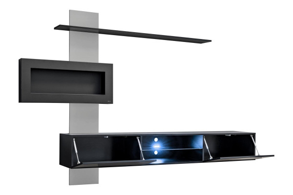 Mueble de salón negro con chimenea, diseño moderno, mueble de TV.