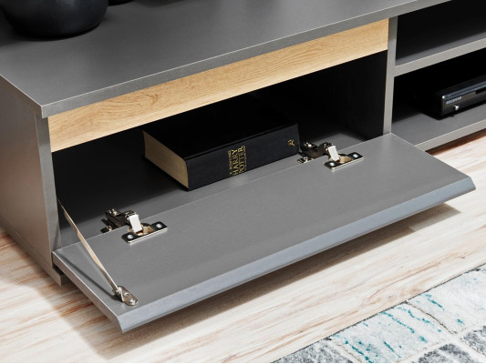 Mueble de televisión de pared de lujo de madera en gris, diseño de sala de estar.