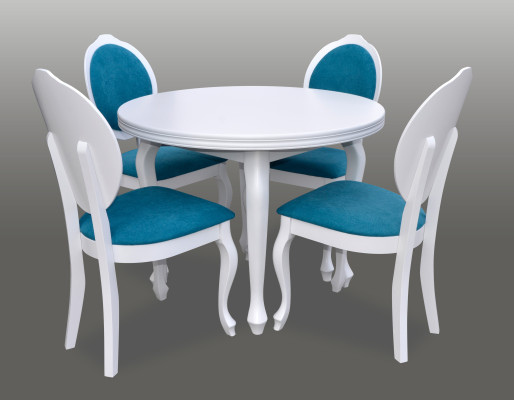 Clásica mesa redonda de madera para comedor con diseño + 4 sillas.