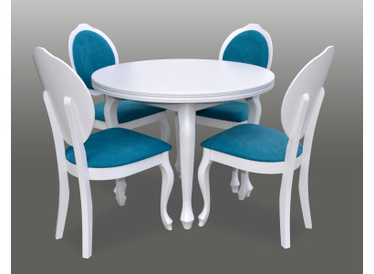 Clásica mesa redonda de madera para comedor con diseño + 4 sillas.