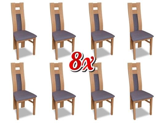 Conjunto completo de 8 sillas de diseño para comedor con respaldo acolchado y asiento de tela.