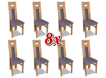 Conjunto completo de 8 sillas de diseño para comedor con respaldo acolchado y asiento de tela.