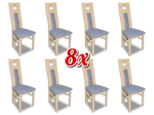 Conjunto completo de 8 sillas de diseño para comedor con respaldo acolchado y asiento de tela.