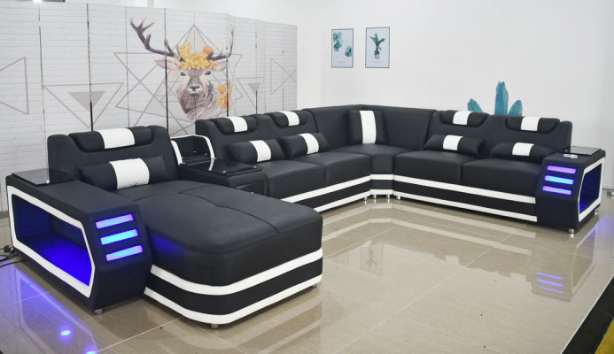 Sofá de cuero Sofá moderno tapizado paisaje de sala de estar diseño de cuero sofá esquinero textil