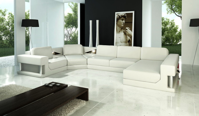 Sofá esquinero Polster, sofá, conjunto de muebles de esquina, tapicería de cuero y textil PH28.