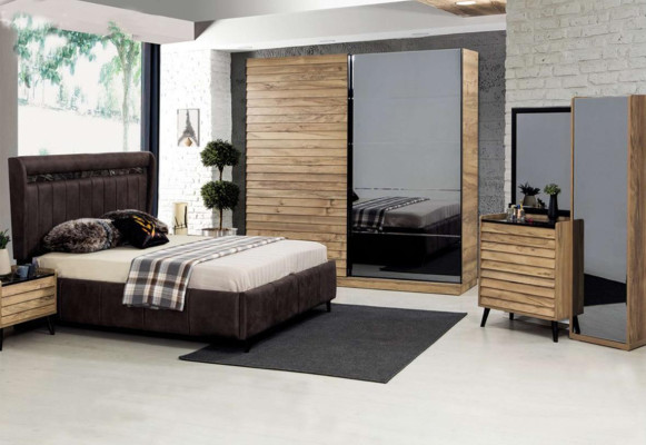 Muebles de dormitorio diseñador Cama tapizada 2 mesitas de noche Armario