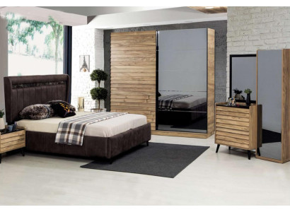 Muebles de dormitorio diseñador Cama tapizada 2 mesitas de noche Armario