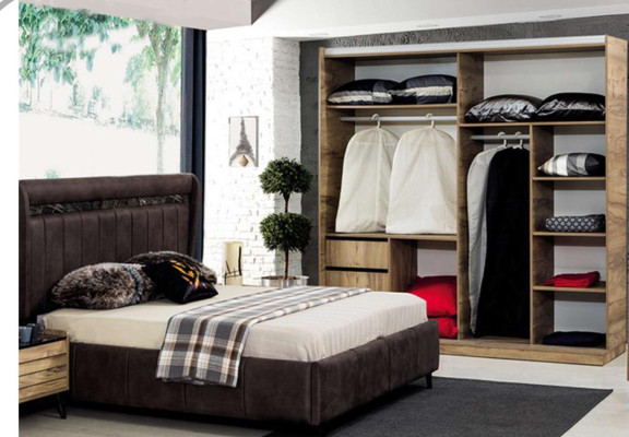 Muebles de dormitorio diseñador Cama tapizada 2 mesitas de noche Armario