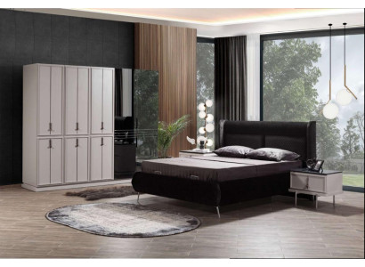 Muebles de dormitorio modernos en blanco y negro: cama tapizada y mesitas de noche, juego de 4 piezas.