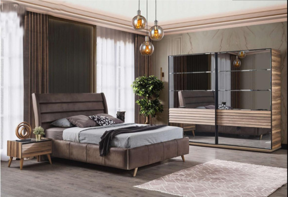 Muebles de dormitorio modernos cama doble tapizada madera mesitas de noche armario
