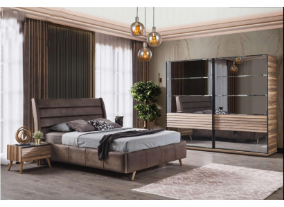 Muebles de dormitorio modernos cama doble tapizada madera mesitas de noche armario