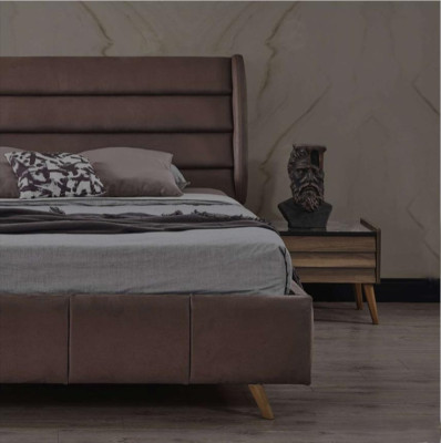Muebles de dormitorio modernos cama doble tapizada madera mesitas de noche armario