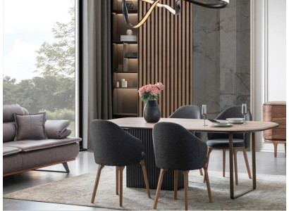 Juego de comedor de diseñador, sillas marrones modernas, mesa de comedor de madera, set de 5 piezas.
