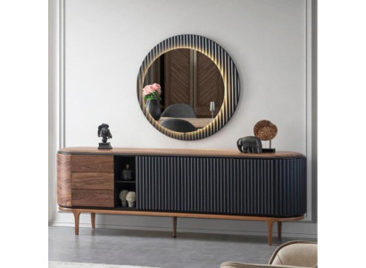 Elegante conjunto de muebles Diseñador Aparador marrón Espejo redondo de 2 piezas de madera.