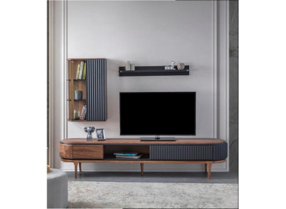 Conjunto de sala de estar moderna de lujo con armario de televisión marrón y estantes de pared.