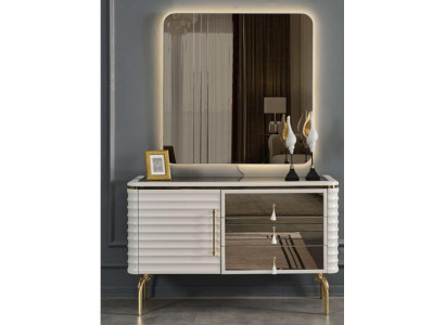 Elegante cómoda blanca con espejo LED redondo, set de dormitorio de 2 piezas.