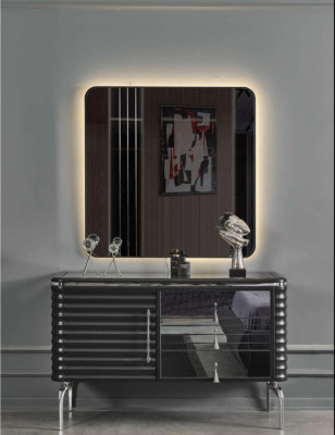 Set de dormitorio negro con tocador de diseñador con espejo LED.