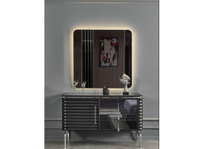 Set de dormitorio negro con tocador de diseñador con espejo LED.