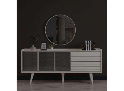 Mueble blanco de lujo, espejo redondo, muebles de madera del diseñador, set de 2 piezas nuevo.