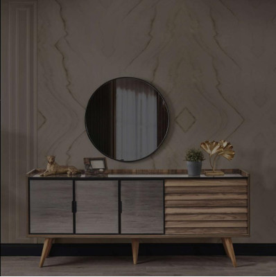 Conjunto de comedor marrón, aparador elegante, espejo redondo, muebles de madera 2 piezas.